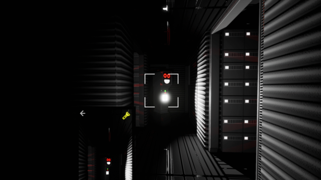 Screenshot of the player in a dark warehouse like room. Their is a robot with red eyes smiling, turning towards the player.