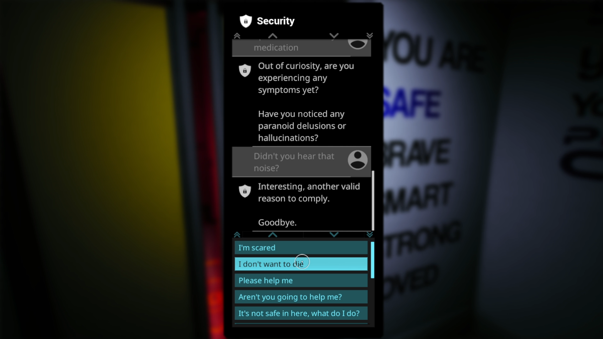 Screenshot of player having a text chat with "Security" through their phone. Dialogue involves the player experiencing hallucinations or paranoid delusions and the player expressing existential fear.